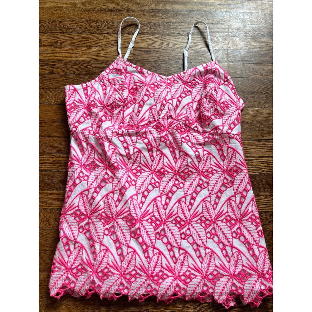 Crown & Ivy Pink White Palm Eyelet Camisole Top Size 10 Tropical Scalloped Hem
